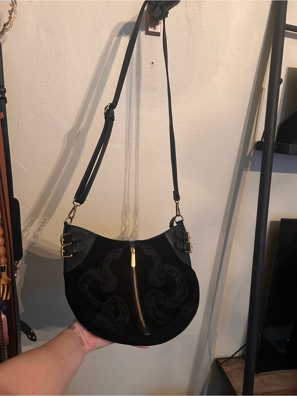 Killstar Black Crescent Shoulder Bag with Gold Hardware